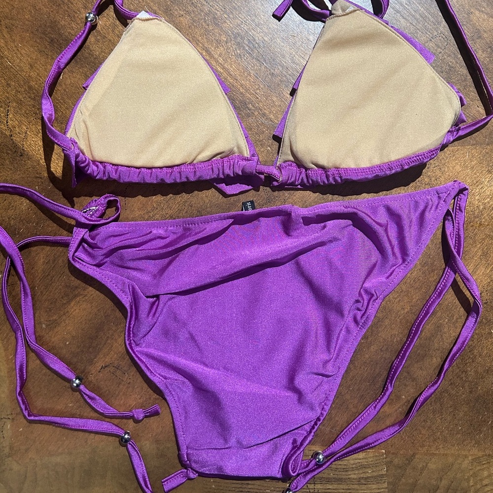 NWOT Sexy Skimpy Cloris Murphy Ruffle Tri-Top Tie Side Bottom Bling Bikini - Picture 6 of 8